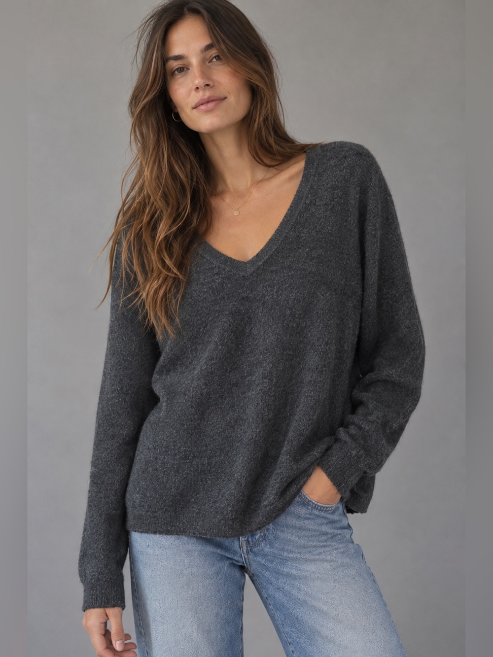 Charter Club Luxury 100% Cashmere V Neck Sweater Gray XL - Runs Small- FLAWED